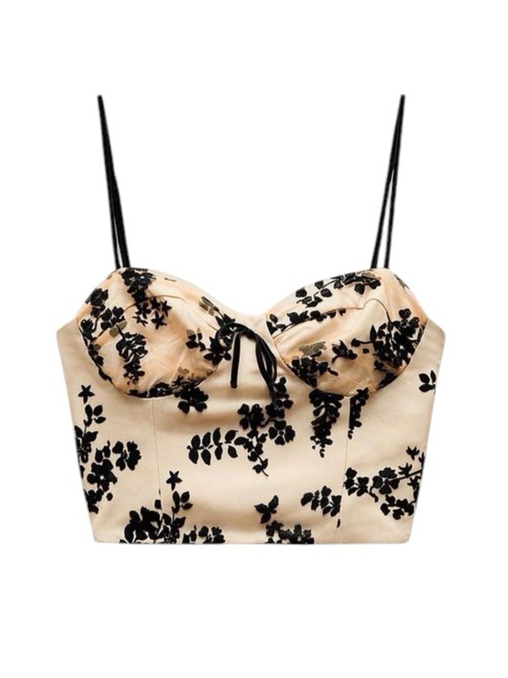 Zara Beige Tulle Black Velvet Floral Bow Detail Cropped Corset Bustier Top - S